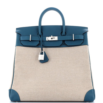 Hermes HAC Birkin Bag Toile and Green Evercolor with Palladium Hardware 40