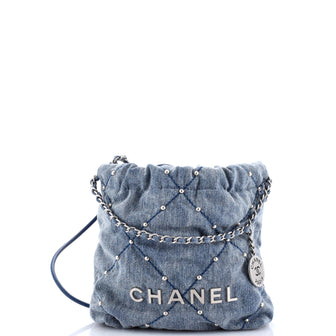 Chanel 22 Chain Hobo Quilted Studded Denim Mini