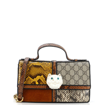 Gucci Feline Face Top Handle Bag GG Coated Canvas and Python Small