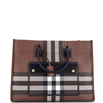 Burberry Freya Shopping Tote Check Canvas with Leather Medium