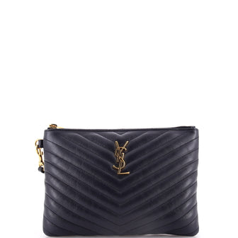 Saint Laurent Classic Monogram Wristlet Pouch Matelasse Chevron Leather Small