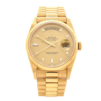Rolex Oyster Perpetual President Day-Date Automatic Watch Yellow Gold with Round and Baguette Diamond Markers 36