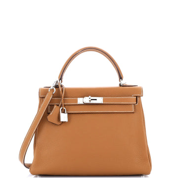 Hermes Kelly Handbag Brown Clemence with Palladium Hardware 28