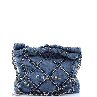 Chanel 22 Chain Hobo Quilted Stitched Denim Small