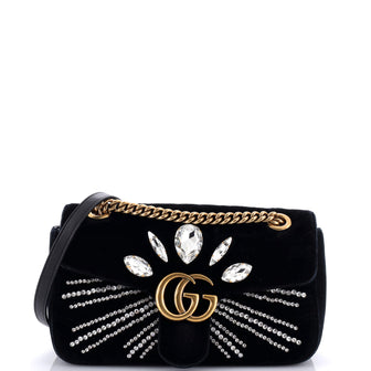 Gucci GG Marmont Flap Bag Crystal Embellished Matelasse Velvet Medium