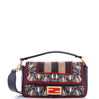 Fendi Baguette NM Bag Embroidered Leather and Pequin Nubuck Medium