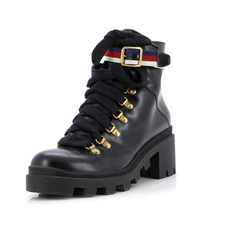 Gucci Women's Heeled Lace Up Combat Ankle Boots Leather