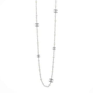 Chanel CC Station Long Necklace Metal with Faux Pearls and Crystals