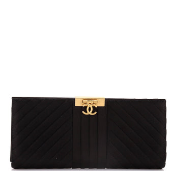 Chanel Chevron Pleated CC Flip Lock Flap Clutch Satin