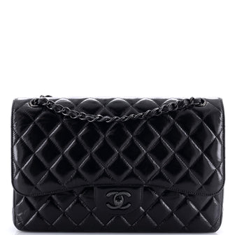 Chanel So Black Classic Double Flap Bag Quilted Shiny Crumpled Calfskin Jumbo
