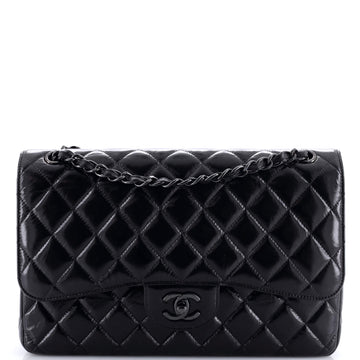 Chanel So Black Classic Double Flap Bag Quilted Shiny Crumpled Calfskin Jumbo