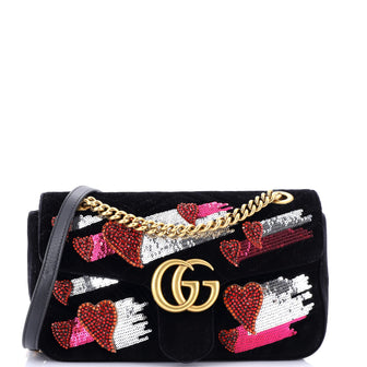 Gucci GG Marmont Flap Bag Crystal Embellished Matelasse Velvet Medium