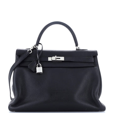 Hermes Kelly Handbag Black Clemence with Palladium Hardware 35