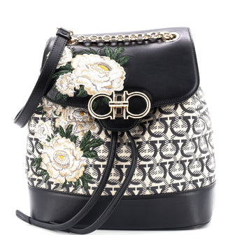 Salvatore Ferragamo Gancini Backpack Embroidered Gancini Jacquard and Leather