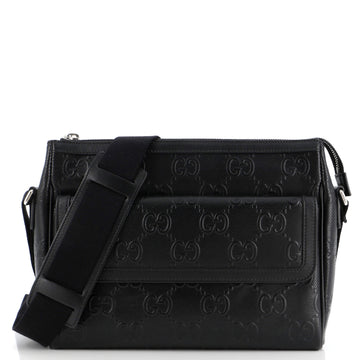 Gucci Front Pocket Messenger Bag GG Embossed Perforated Leather Medium