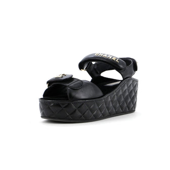 Chanel Women's Logo Velcro Strap Wedge Sandals Quilted Leather