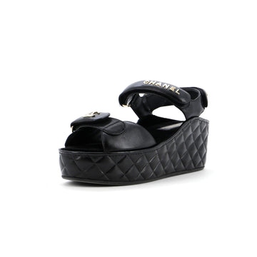 Chanel Women's Logo Velcro Strap Wedge Sandals Quilted Leather