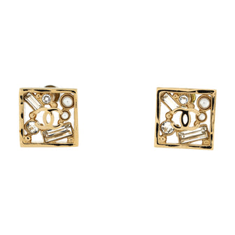 Chanel CC Square Stud Earrings Metal with Enamel and Crystals