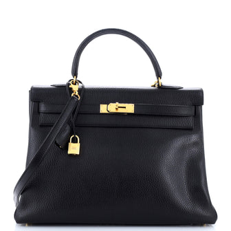Hermes Kelly Handbag Black Ardennes with Gold Hardware 35