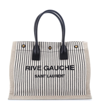 Saint Laurent Rive Gauche Shopper Tote Striped Canvas Small