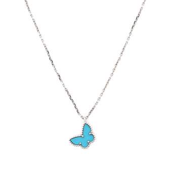 Van Cleef & Arpels Sweet Alhambra Butterfly Pendant Necklace 18K White Gold with Turquoise