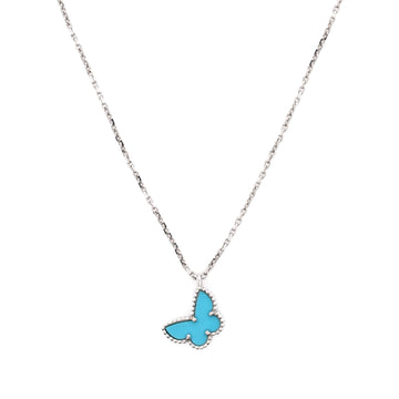 Van Cleef & Arpels Sweet Alhambra Butterfly Pendant Necklace 18K White Gold with Turquoise