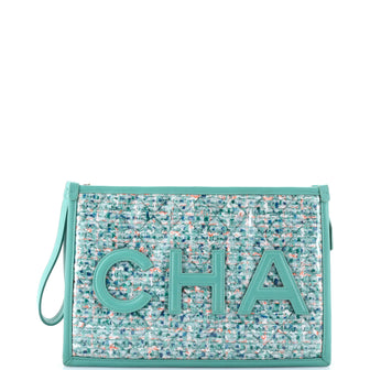 Chanel Logo Wristlet Clutch PVC Over Quilted Tweed Large