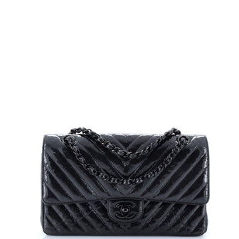 Chanel So Black Classic Double Flap Bag Chevron Crinkled Patent Medium