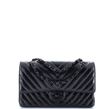 Chanel So Black Classic Double Flap Bag Chevron Crinkled Patent Medium