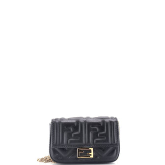 Fendi Chain Baguette Charm Bag Zucca Embossed Leather Nano