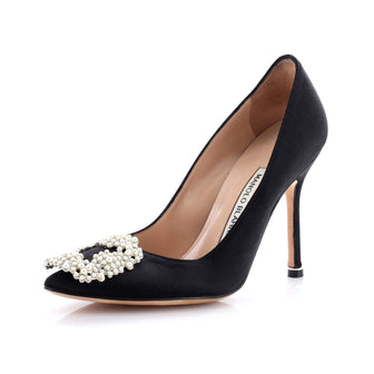 Manolo Blahnik Women's Hangisi Pumps Satin with Faux Pearls 105