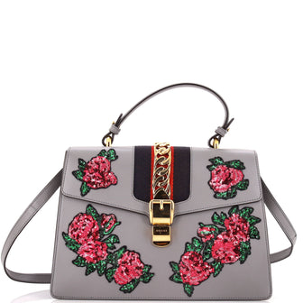 Gucci Sylvie Top Handle Bag Embroidered Leather Medium