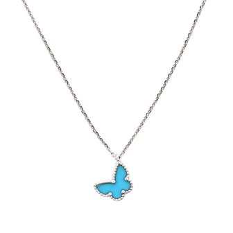 Van Cleef & Arpels Sweet Alhambra Butterfly Pendant Necklace 18K White Gold with Turquoise