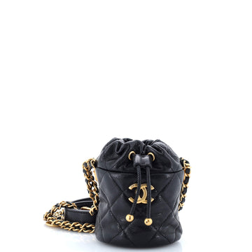 Chanel Twist Your Buttons Drawstring Bucket Bag Quilted Caviar Mini