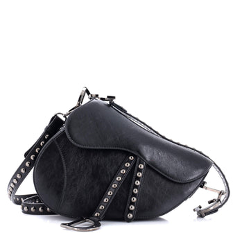 Christian Dior Saddle Handbag with Strap Studded Leather Medium
