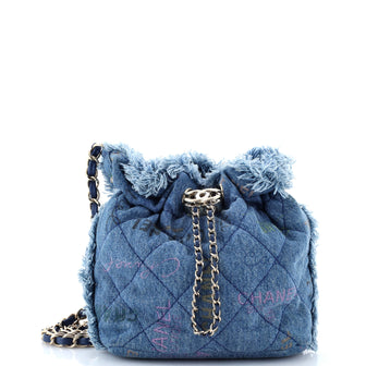 Chanel Denim Mood Chain Bucket Bag Logo Printed Quilted Fringe Denim Medium
