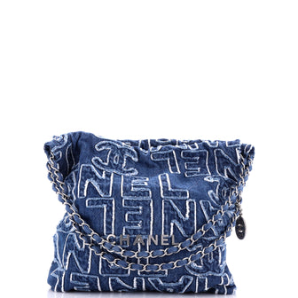 Chanel 22 Chain Hobo Fringed Logo Quilted Denim Small