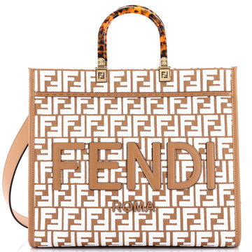 Fendi Sunshine Shopper Tote Zucca Embroidered Raffia Medium