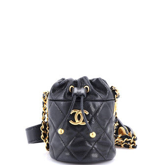 Chanel Twist Your Buttons Drawstring Bucket Bag Quilted Caviar Mini