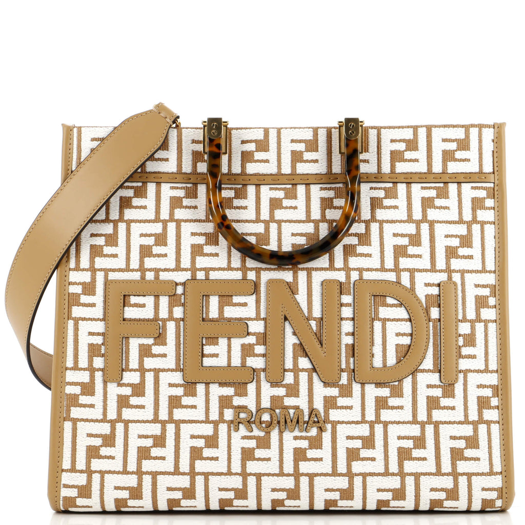 Fendi Sunshine Shopper Tote Zucca Embroidered Raffia Medium Brown