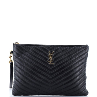 Saint Laurent Classic Monogram Wristlet Pouch Matelasse Chevron Leather Medium