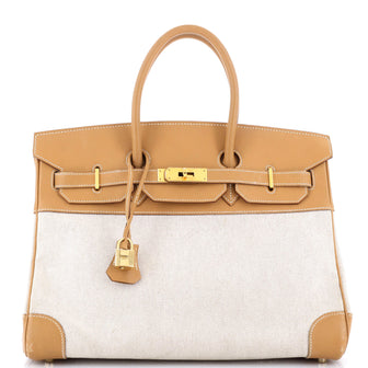 Hermes Birkin Handbag Toile and Brown Epsom with Gold Hardware 35
