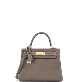 Hermes Kelly Handbag Grey Clemence with Gold Hardware 28