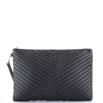 Saint Laurent Classic Monogram Wristlet Pouch Matelasse Chevron Leather Large