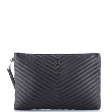 Saint Laurent Classic Monogram Wristlet Pouch Matelasse Chevron Leather Large
