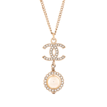 Chanel CC Drop Pendant Necklace Metal with Crystals and Faux Pearl