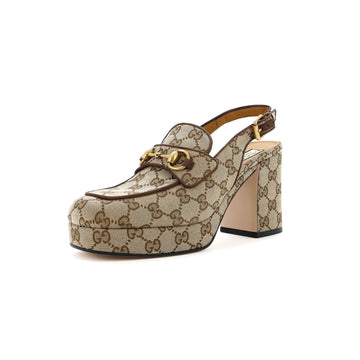 Gucci Women's Horsebit Platform Slingback Loafer Pumps GG Canvas