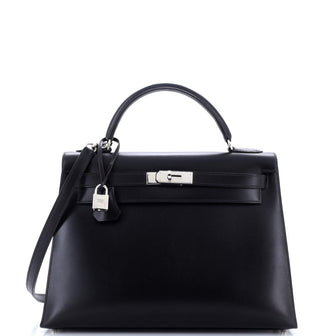 Hermes Kelly Handbag Black Box Calf with Palladium Hardware 32