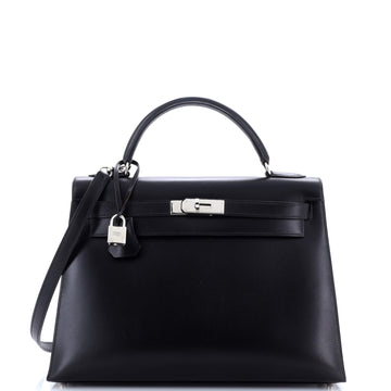 Hermes Kelly Handbag Black Box Calf with Palladium Hardware 32
