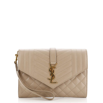 Saint Laurent Classic Monogram Envelope Wristlet Clutch Mixed Matelasse Leather